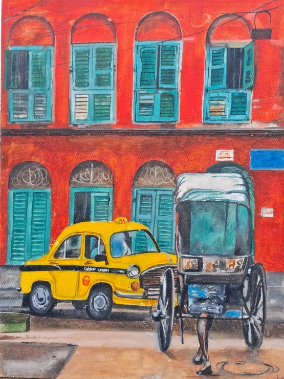 Kolkata Street | Yellow Taxi And Hand-pulled Rickshaw Acrylic Painting (ART-18670-123247) - Handpainted Art Painting - 12in X 16in