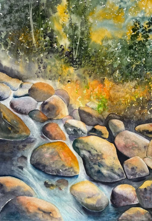 Tranquil Stream With Rocks (ART-8841-123323) - Handpainted Art Painting - 11in X 15in
