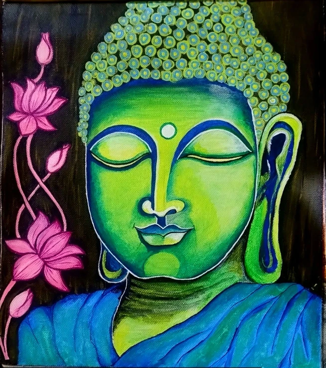 Handmade Buddha Painting/Green Meditation Canvas Art For Peace And Home Decor (ART-18655-123311) - Handpainted Art Painting - 10in X 12in