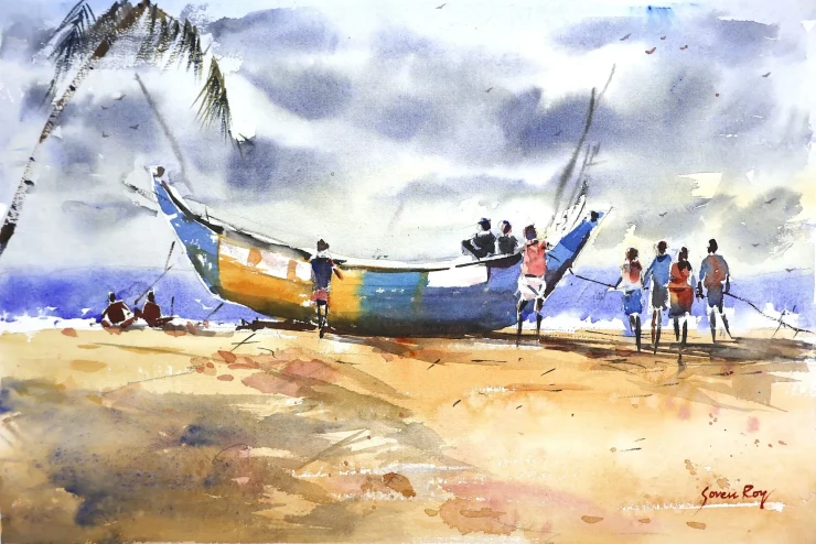 Fisherman's Morning (ART-5774-123309) - Handpainted Art Painting - 22in X 15in