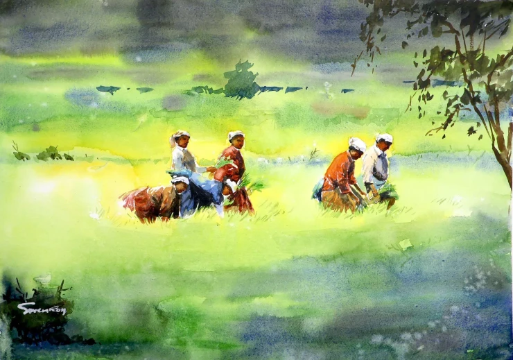 Among The Paddy Fields (ART-5774-123307) - Handpainted Art Painting - 20in X 14in