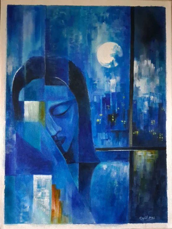 Sleepless Blue (ART-4209-123305) - Handpainted Art Painting - 18in X 24in