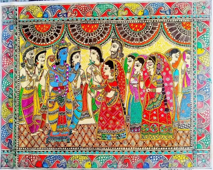 Handmade Sita Ram Vivah Madhubani Painting (ART-18655-123238) - Handpainted Art Painting - 14in X 18in