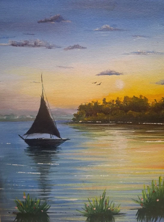 Sunset Glow On Still Waters (ART-18644-123351) - Handpainted Art Painting - 14in X 18in