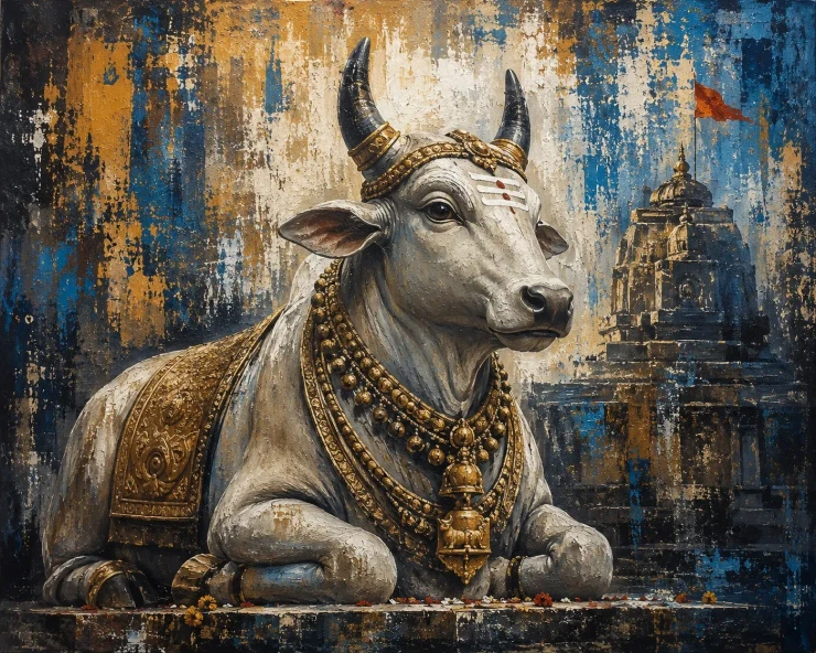 Divine Nandi Bull And Temple Textured Acrylic Painting (ART-3319-123473) - Handpainted Art Painting - 40in X 30in