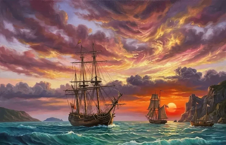 Ocean Sunset Ships Sailing Landscape Painting (ART-3319-122700) - Handpainted Art Painting - 48in X 36in