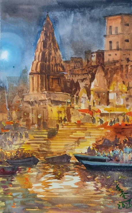 Varanasi In Evening Puja (ART-7901-123426) - Handpainted Art Painting - 14in X 22in