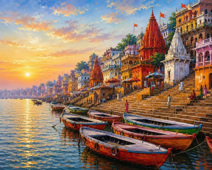 Varanasi Ghat Painting (ART-3319-123418) - Handpainted Art Painting - 48in X 36in