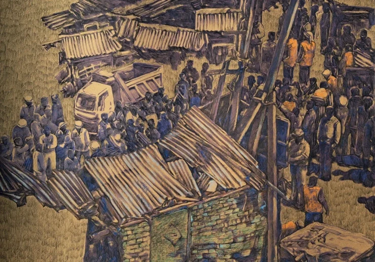 Slum Eviction (ART-18009-123378) - Handpainted Art Painting - 40in X 28in