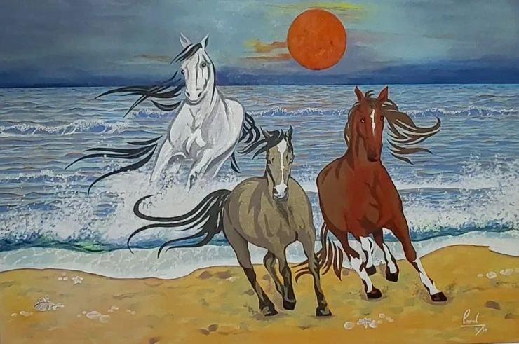 3 Horses Painting (ART-1892-123450) - Handpainted Art Painting - 36in X 24in