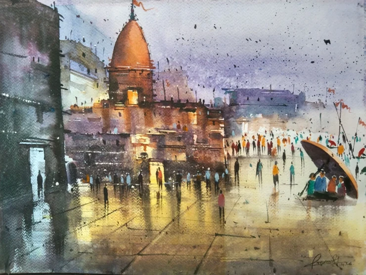 Benaras Ghat (ART-18683-123354) - Handpainted Art Painting - 10in X 14in