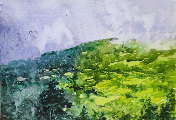 Green Hillscape (ART-7901-123567) - Handpainted Art Painting - 12in X 16in
