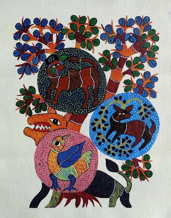 Three Worlds, One Tree (ART-7213-123488) - Handpainted Art Painting - 8in X 10in