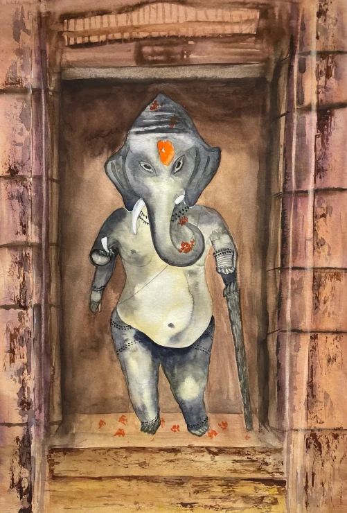 Ganapati (ART-8841-123573) - Handpainted Art Painting - 11in X 15in