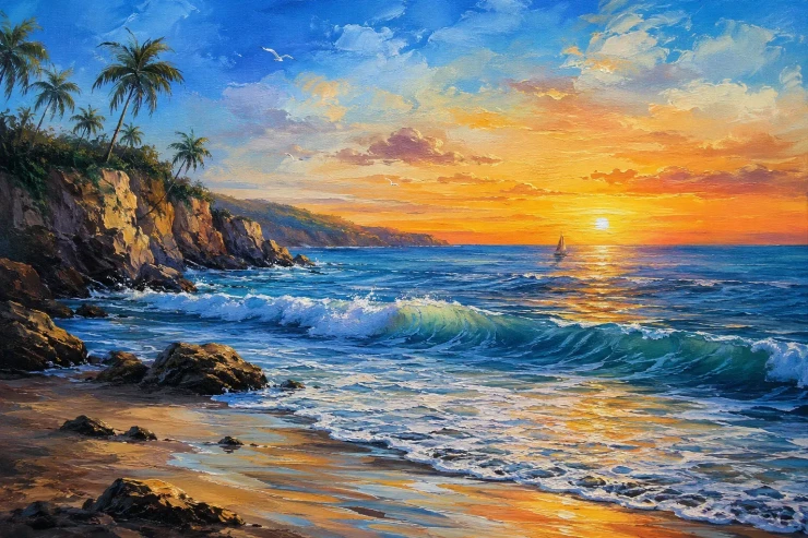 Nature's Heaven Sunrise Seascape Landscape Scenery Painting (ART-3319-123542) - Handpainted Art Painting - 40in X 30in