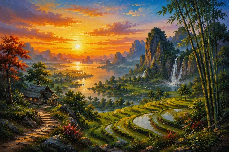 Nature's Heaven Mountains Scenery Forest Landscape Painting (ART-3319-123510) - Handpainted Art Painting - 48in X 30in