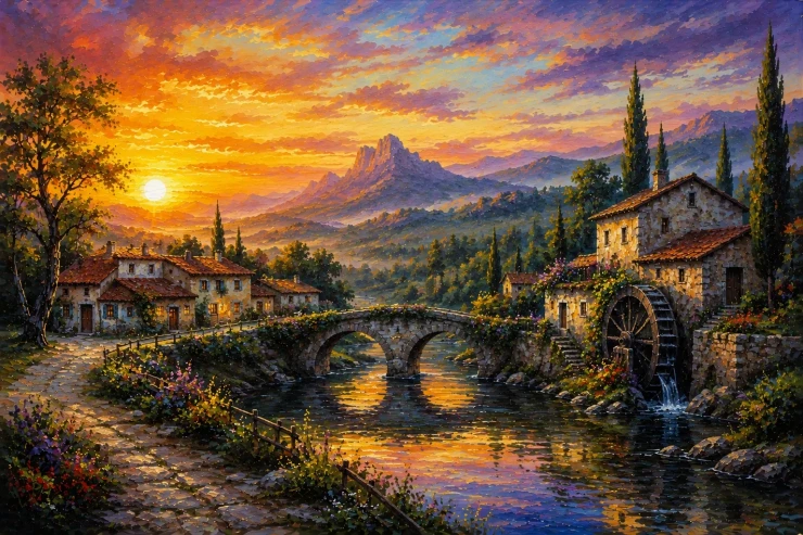 Rustic Village Watermill Landscape Painting (ART-3319-123508) - Handpainted Art Painting - 48in X 30in