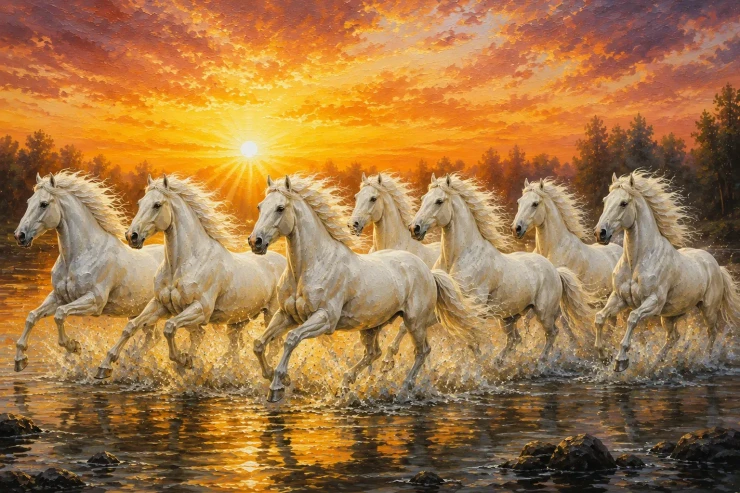7 Running Horses Painting Vastu (ART-3319-123504) - Handpainted Art Painting - 40in X 30in