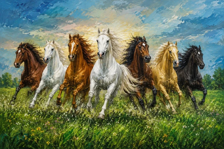 7 Running Horses Painting Vastu (ART-3319-123502) - Handpainted Art Painting - 40in X 30in