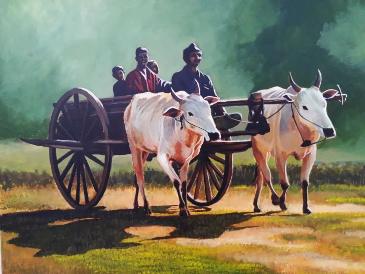 Bullock Cart Journey (ART-17791-123496) - Handpainted Art Painting - 20in X 16in