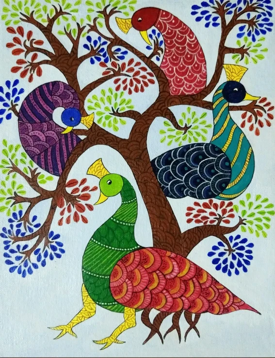 Peacocks On The Tree Of Life (ART-7213-123481) - Handpainted Art Painting - 9in X 12in