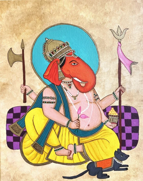Traditional Pichwai Ganesha Artwork – Ethnic Wall Art On Canvas (ART-17034-123618) - Handpainted Art Painting - 12in X 15in