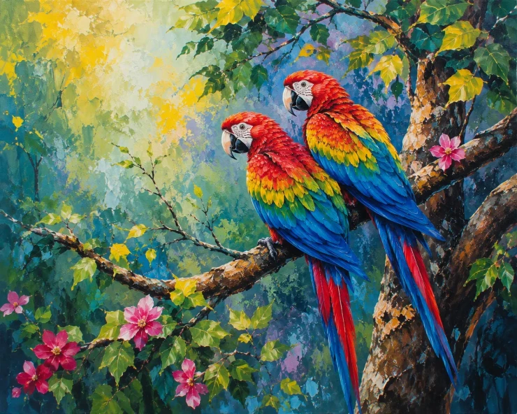Handmade Scarlet Macaw Acrylic Painting | Tropical Parrot Wall Art | Rainforest Bird Canvas (ART-3319-123603) - Handpainted Art Painting - 36in X 24in
