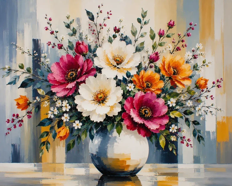Radiant Blossoms – Handmade Acrylic Floral Vase Painting (ART-3319-123599) - Handpainted Art Painting - 36in X 24in