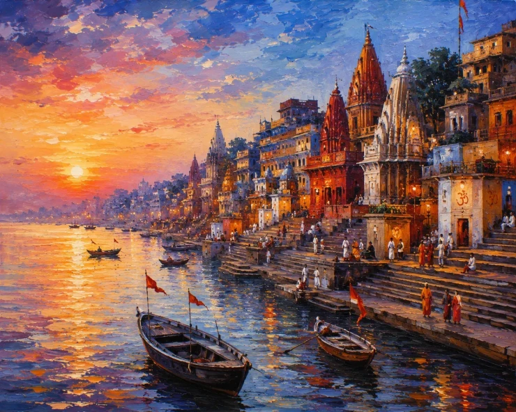 Banaras Ghat Painting (ART-3319-123596) - Handpainted Art Painting - 40in X 30in
