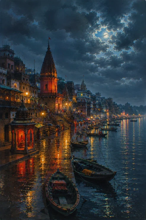 Banaras Ghat Painting (ART-3319-123589) - Handpainted Art Painting - 36in X 48in