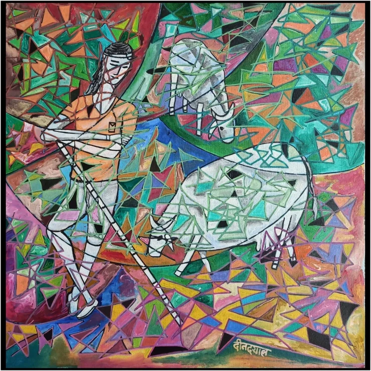 Cowherd 2 (ART-17698-123587) - Handpainted Art Painting - 24in X 24in