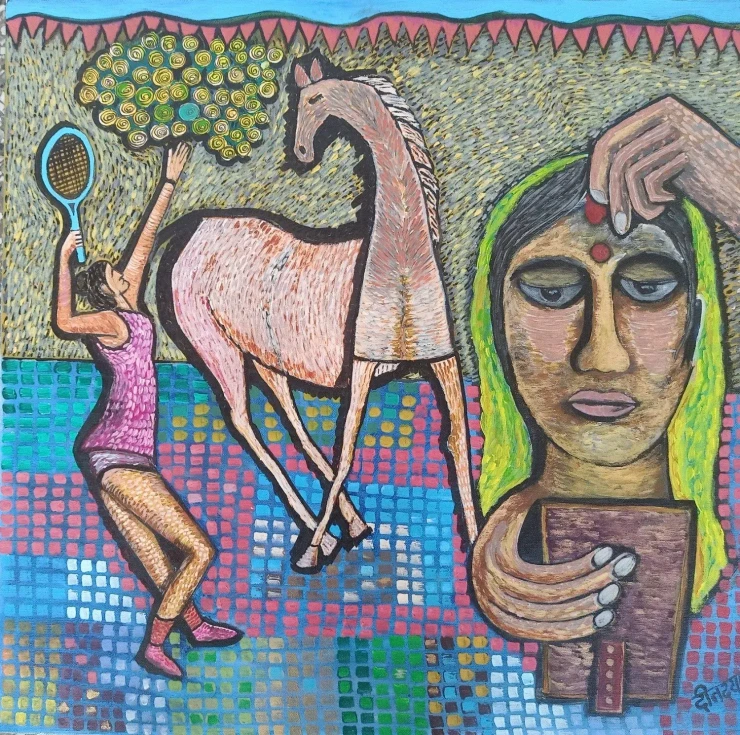 Ladies Dedication For Work (ART-17698-123584) - Handpainted Art Painting - 24in X 24in