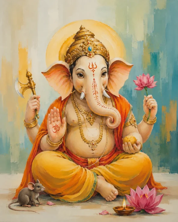 Handmade Blessing Ganesha Art With Diya & Mooshak – Traditional Vastu Canvas (ART-3319-123668) - Handpainted Art Painting - 24in X 36in