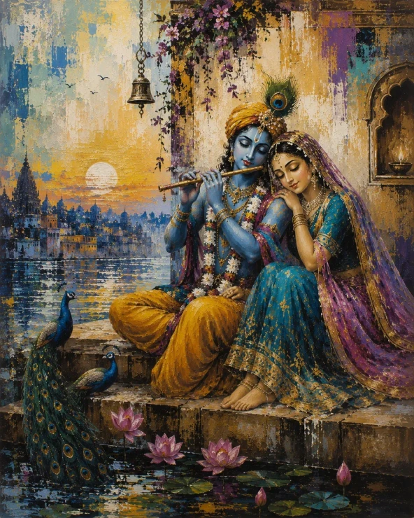 Original Radha Krishna Painting On Canvas, Moonlight Ghat Divine Art, Traditional Indian Art (ART-3319-123706) - Handpainted Art Painting - 36in X 48in