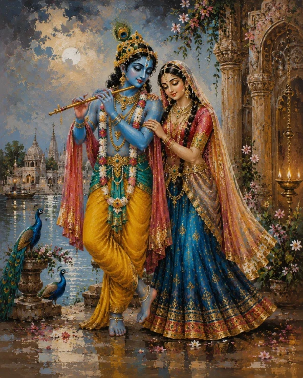 Original Radha Krishna Painting On Canvas, Moonlight Ghat Divine Art, Traditional Indian Art (ART-3319-123705) - Handpainted Art Painting - 36in X 48in