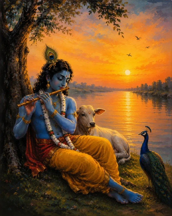 Lord Krishna Playing Flute Acrylic Canvas Painting, Divine Krishna With Cow & Peacock Sunset (ART-3319-123700) - Handpainted Art Painting - 30in X 40in