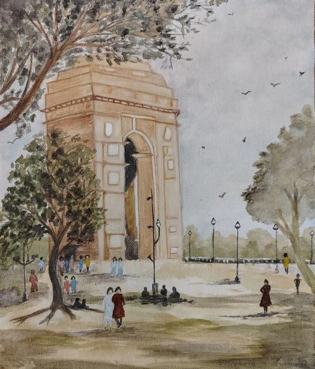 Handpainted India Gate Delhi Landscape Watercolor Painting On Canvas (ART-16710-123698) - Handpainted Art Painting - 10in X 12in