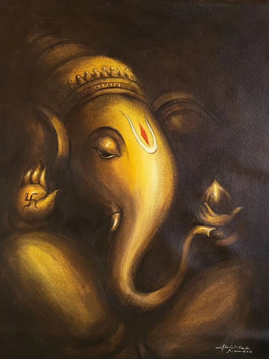 Ganesha (ART-3512-123772) - Handpainted Art Painting - 20in X 26in
