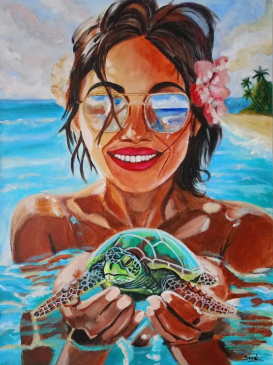 Before The First Swim - Girl With A Green Sea Turtle (ART-18772-123903) - Handpainted Art Painting - 18in X 24in