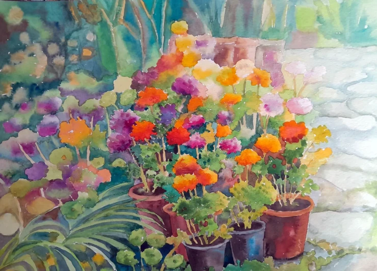 Flowers Near A Garden Path (ART-18775-123877) - Handpainted Art Painting - 15in X 11in