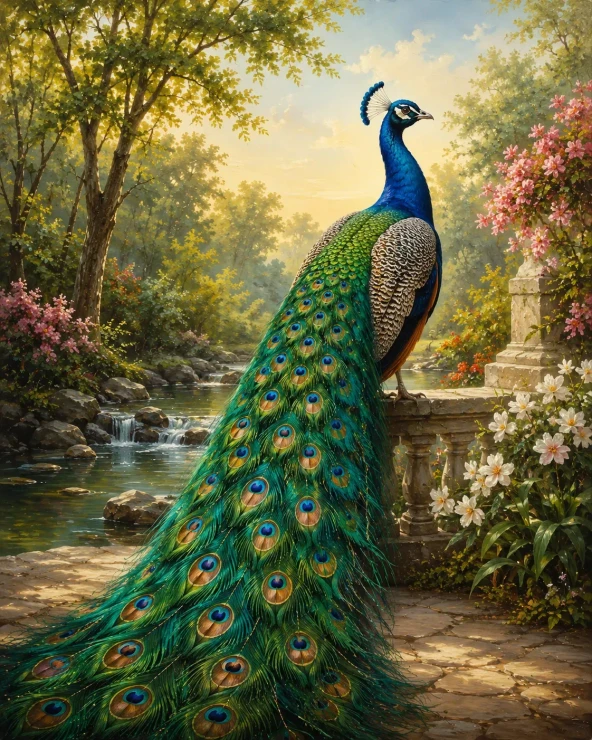 The Majestic Sentinel: Handpainted Peacock And Waterfall Landscape (ART-3319-123852) - Handpainted Art Painting - 36in X 48in