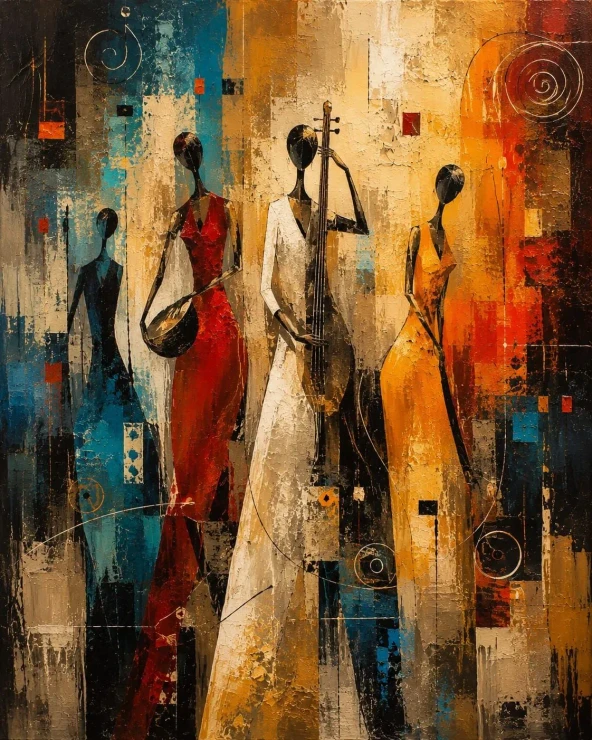 ​Abstract African Women Musical Painting – Handmade Textured Cubist Figure Wall Art (ART-3319-123838) - Handpainted Art Painting - 24in X 36in