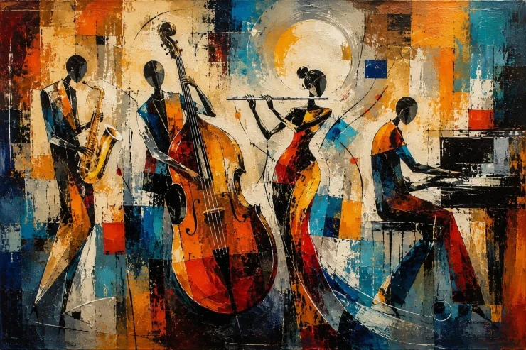 Abstract Jazz Band Acrylic Painting – Textured Cubist Music Wall Art For Living Room (ART-3319-123827) - Handpainted Art Painting - 40in X 30in