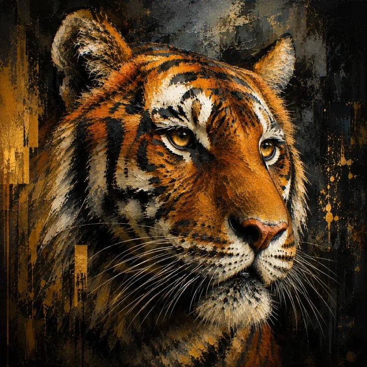 Gilded Gaze: Abstract Royal Bengal Tiger Painting (ART-3319-123839) - Handpainted Art Painting - 24in X 24in