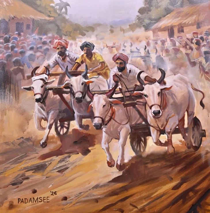 BULLOCK CART RACE (PRT-18703-123870) - Canvas Art Print - 41in X 42in