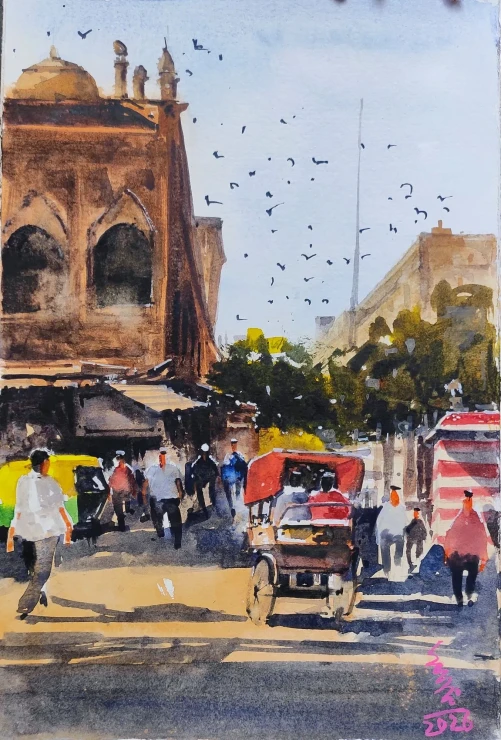 City Scape (ART-7901-124004) - Handpainted Art Painting - 8in X 11in