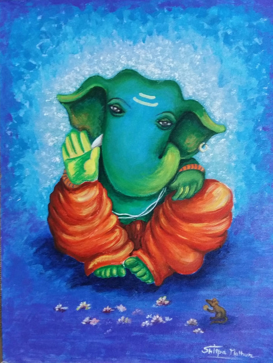Blue Ganesha, religious, abstract,Blue Ganesha,ART_1292_11103,Artist : Shilpa Mathur,Acrylic