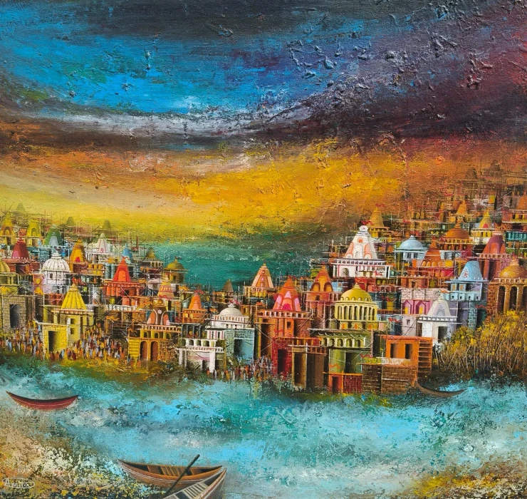 Temple In Divine Light (ART-8439-124103) - Handpainted Art Painting - 24in X 24in