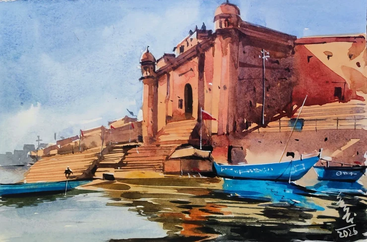 Benaras Ghat (ART-7901-124620) - Handpainted Art Painting - 11in X 8in