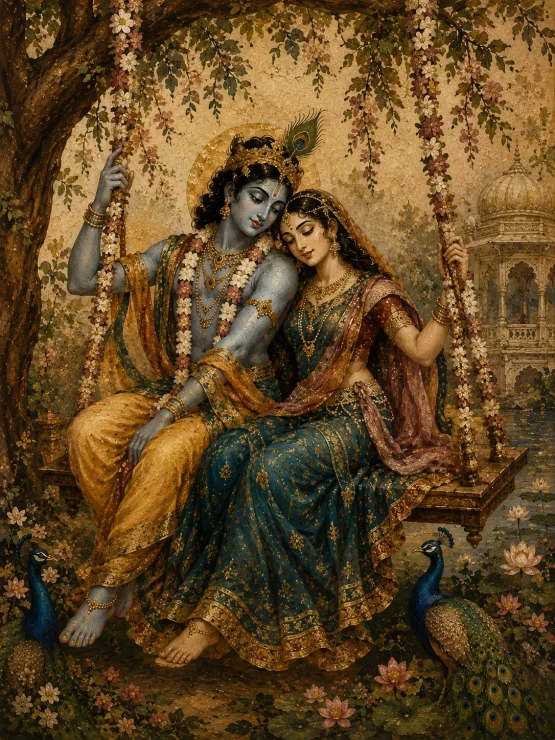 Handmade Radha Krishna Acrylic Painting On Canvas – Divine Love Swing Art (ART-3319-124327) - Handpainted Art Painting - 36in X 48in